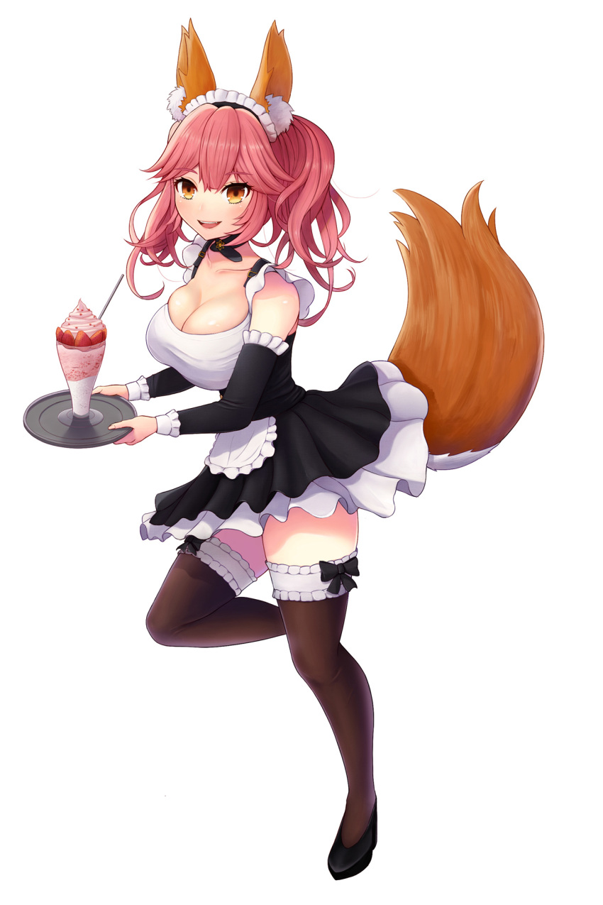 1girl alternate_costume animal_ears apron black_legwear braid breasts cleavage detached_sleeves enmaided fang fate/extra fate/extra_ccc fate/grand_order fate_(series) food fou_zi fox_ears fox_tail highres huge_breasts ice ice_cream looking_at_viewer maid maid_apron maid_headdress open_mouth pink_hair simple_background solo strawberry_ice_cream tail tamamo_(fate)_(all) tamamo_no_mae_(fate) twin_braids waist_apron white_background yellow_eyes