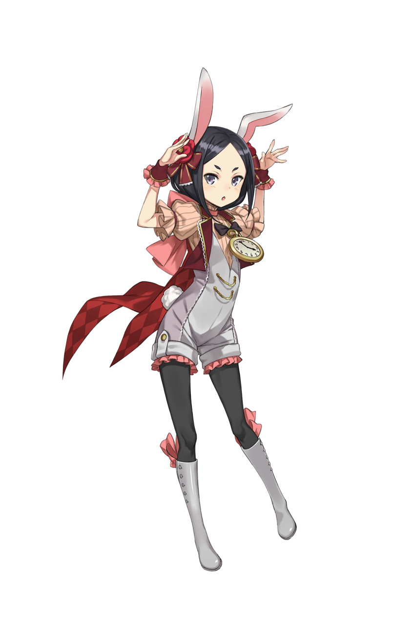 1girl alice_in_wonderland black_bow black_eyes black_hair black_legwear boots bow chestnut_mouth cosplay eyebrows flower forehead full_body hair_flower hair_ornament hands_up highres knee_boots looking_at_viewer official_art pantyhose princess_principal princess_principal_game_of_mission puffy_short_sleeves puffy_sleeves short_hair short_sleeves solo standing stopwatch toudou_chise transparent_background vest waistcoat watch white_footwear white_rabbit white_rabbit_(cosplay) wrist_cuffs