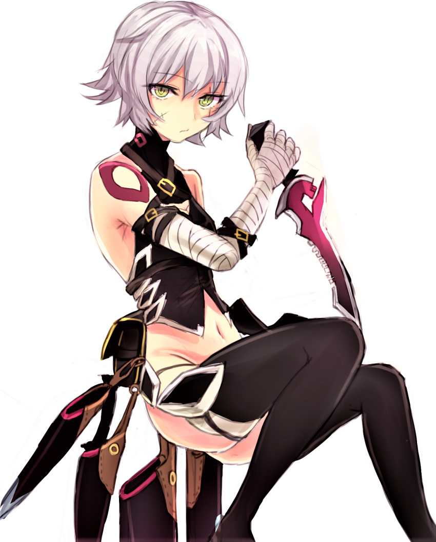 1girl bandage black_legwear black_pants eyebrows_visible_through_hair fate/apocrypha fate_(series) green_eyes highres holding holding_knife holding_weapon jack_the_ripper_(fate/apocrypha) knife looking_at_viewer midriff navel pants scar_on_cheek short_hair silver_hair simple_background sleeveless solo stomach thigh-highs weapon white_background