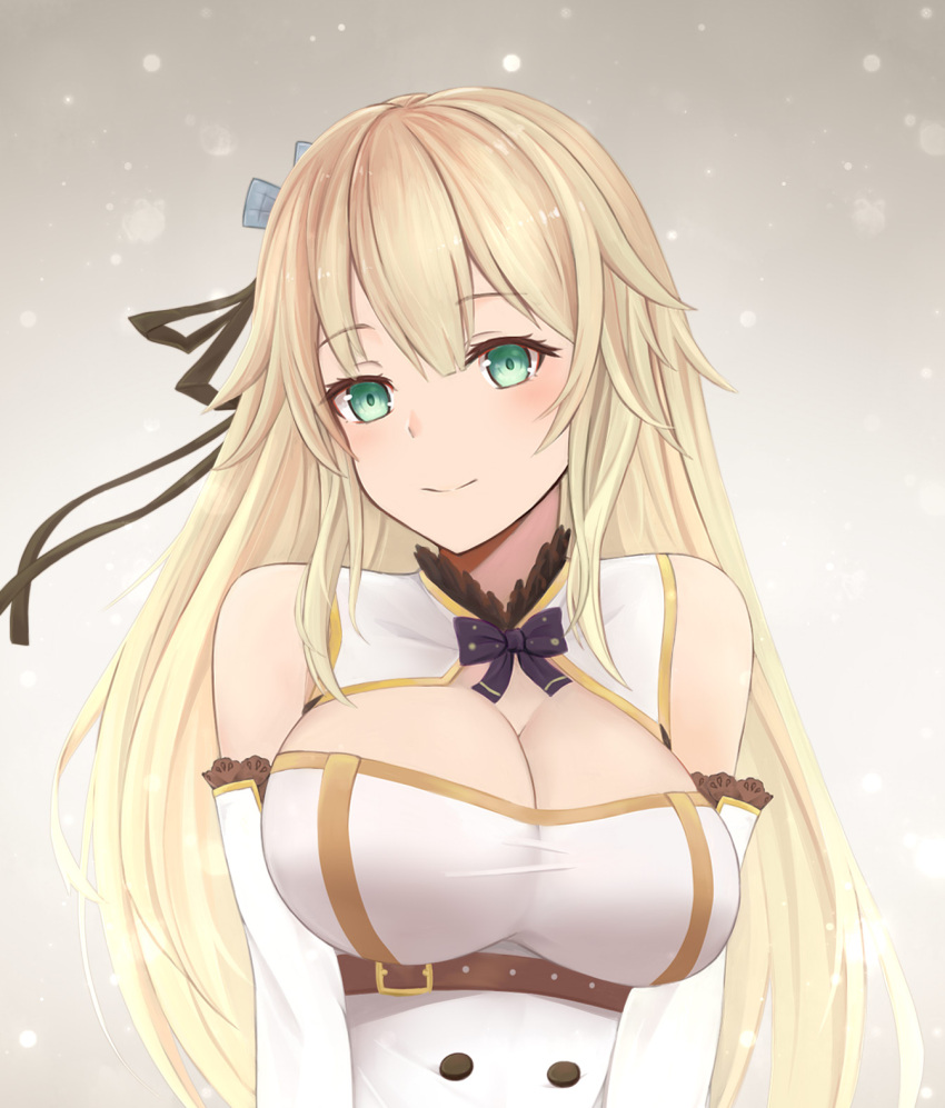 1girl aurora_(f10)_(azur_lane) azur_lane bangs bare_shoulders black_ribbon blonde_hair blush breasts buckle buttons cleavage cleavage_cutout closed_mouth detached_sleeves double-breasted dress eyebrows_visible_through_hair green_eyes hair_between_eyes hair_flaps hair_ornament hair_ribbon head_tilt highres jewelry large_breasts light_particles long_hair looking_at_viewer qiye_luoying ribbon sidelocks smile solo torso upper_body very_long_hair