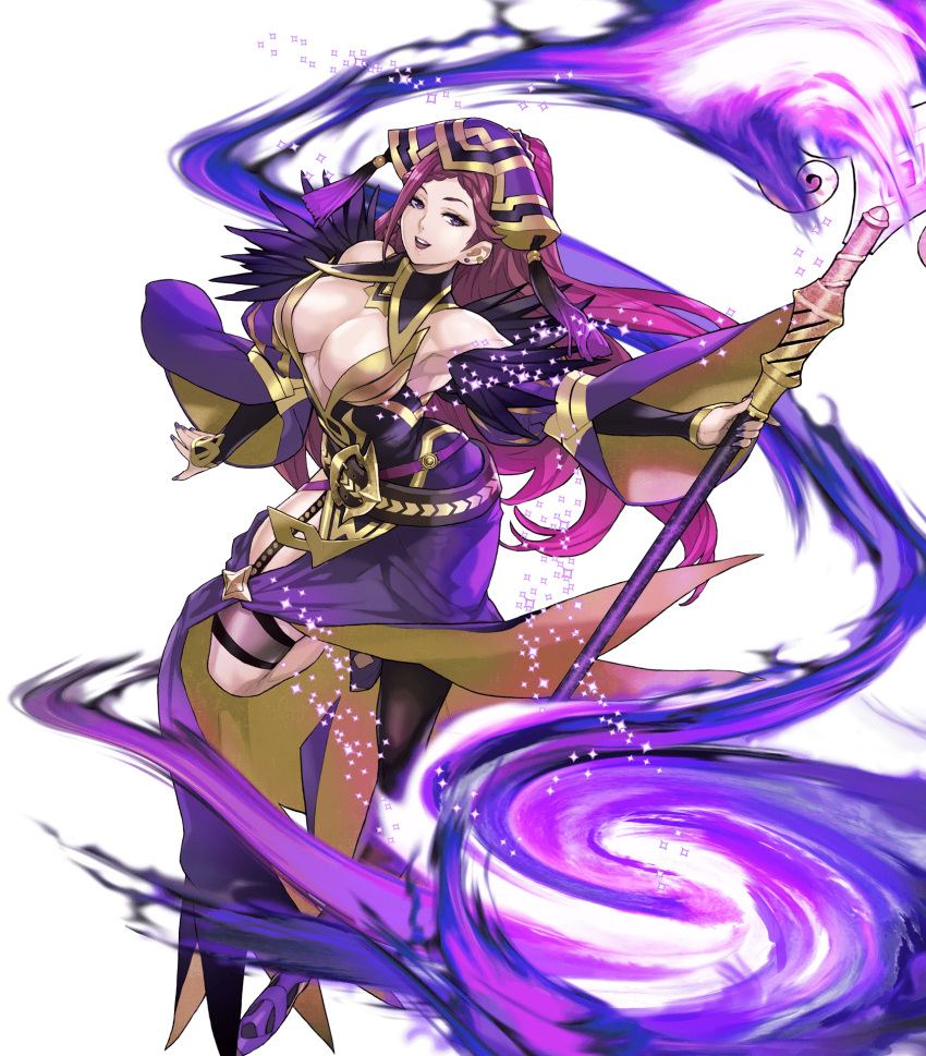 1girl breasts cleavage dress fire_emblem fire_emblem_heroes highres large_breasts loki_(fire_emblem_heroes) magic official_art open_mouth solo staff transparent_background