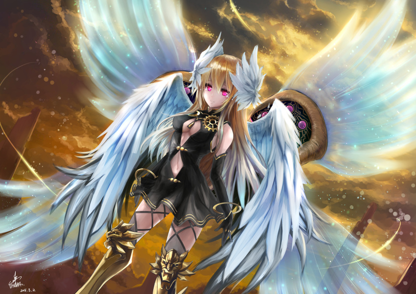 1girl absurdres armor armored_boots black_dress black_gloves blonde_hair boots cleavage_cutout clouds cloudy_sky date_a_live dress elbow_gloves feathered_wings gloves highres long_hair looking_at_viewer mayuri_(date_a_live) navel navel_cutout sky smile solo tears transparent_wings uhatsura violet_eyes wings