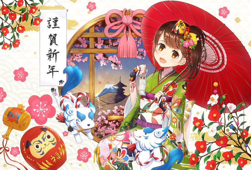 1girl 2018 :d bell blush brown_hair cherry_blossoms daruma_doll fingerless_gloves flower gloves hair_flower hair_ornament highres japanese_clothes jingle_bell kimono looking_at_viewers omelet_tomato open_mouth original over_shoulder paintbrush parasol paw_print sitting smile umbrella window