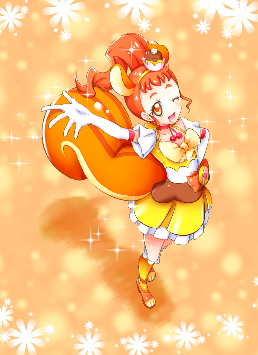 1girl animal_ears arisugawa_himari arm_up cake_hair_ornament choker cure_custard dress earrings elbow_gloves extra_ears food_themed_hair_ornament from_above full_body gloves hair_ornament hand_on_hip highres jewelry kirakira_precure_a_la_mode kneehighs light_particles magical_girl one_eye_closed orange_(color) orange_background orange_eyes orange_footwear orange_hair ponytail precure red_neckwear shoes short_hair solo sparkle squirrel_ears squirrel_tail standing tail toko_(tenerezza666) white_gloves yellow_dress yellow_legwear