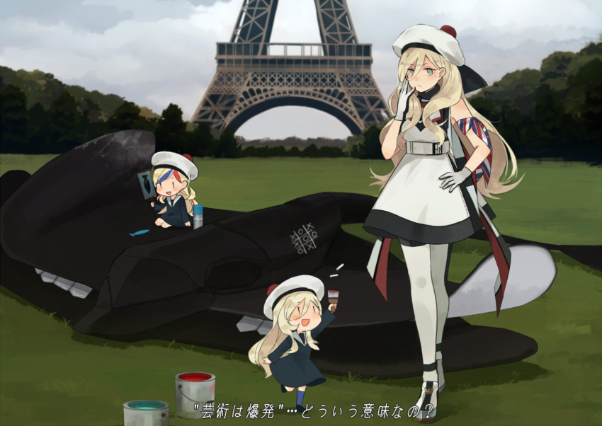 3girls :d annin_musou armband beret black_dress blonde_hair blue_eyes blue_hair commandant_teste_(kantai_collection) commentary_request dress dual_persona eiffel_tower gloves hat holding kantai_collection long_hair long_sleeves multicolored multicolored_clothes multicolored_gloves multiple_girls open_mouth paint pom_pom_(clothes) redhead richelieu_(kantai_collection) smile translation_request white_dress white_hair white_legwear
