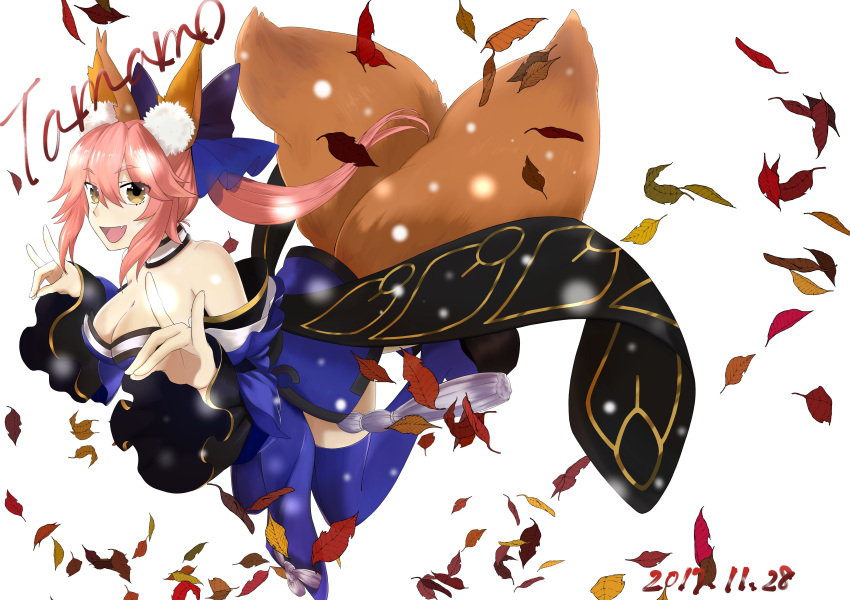 1girl absurdres animal_ears autumn_leaves bare_shoulders blue_legwear breasts character_name cleavage dated detached_sleeves fang fate/extra fate/extra_ccc fate/grand_order fate_(series) fox_ears fox_shadow_puppet fox_tail gu-mu highres jumping large_breasts leaf looking_at_viewer multiple_tails open_mouth pink_hair simple_background solo tail tamamo_(fate)_(all) tamamo_no_mae_(fate) white_background yellow_eyes