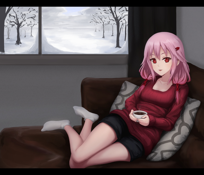 1girl casual drawfag drink full_body guilty_crown hair_ornament hairclip highres hot_chocolate inside looking_at_viewer pillow pink_hair red_eyes ribbed_sweater sitting snow socks solo sweater white_legwear window yuzuriha_inori