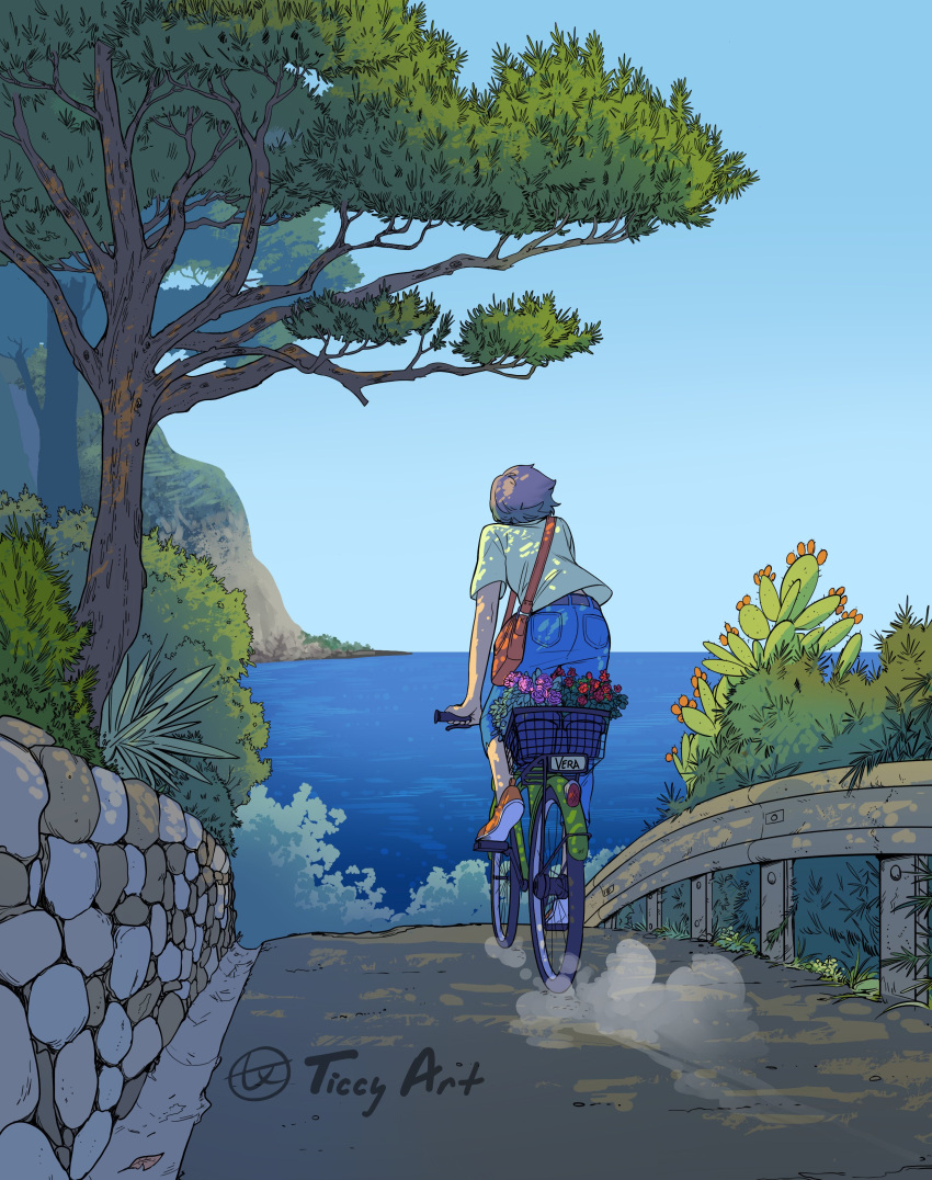 1girl absurdres bag bicycle bush cactus flower ground_vehicle highres mountain ocean original road stone_wall ticcy tree wall