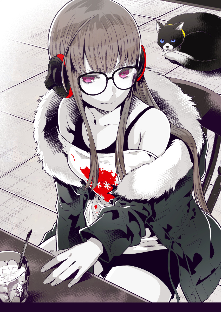 1girl absurdres animal bangs bare_shoulders behind-the-head_headphones blue_eyes blunt_bangs cat chair closed_mouth coat collarbone cup drink drinking_glass fingernails fur-trimmed_coat fur_collar fur_trim greyscale highres ice ice_cube kuso_bba long_sleeves monochrome morgana_(persona_5) off-shoulder_shirt off_shoulder open_clothes open_coat persona persona_5 sakura_futaba shirt short_shorts shorts sidelocks sitting spoon spot_color table tank_top tsurime v-shaped_eyebrows violet_eyes