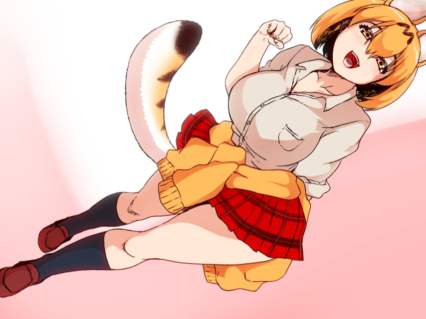 1girl animal_ears breasts clothes_around_waist hair_between_eyes isuna kemono_friends large_breasts looking_at_viewer open_mouth pleated_skirt school_uniform serval_(kemono_friends) serval_ears serval_tail skirt smile solo striped_tail tail yellow_eyes