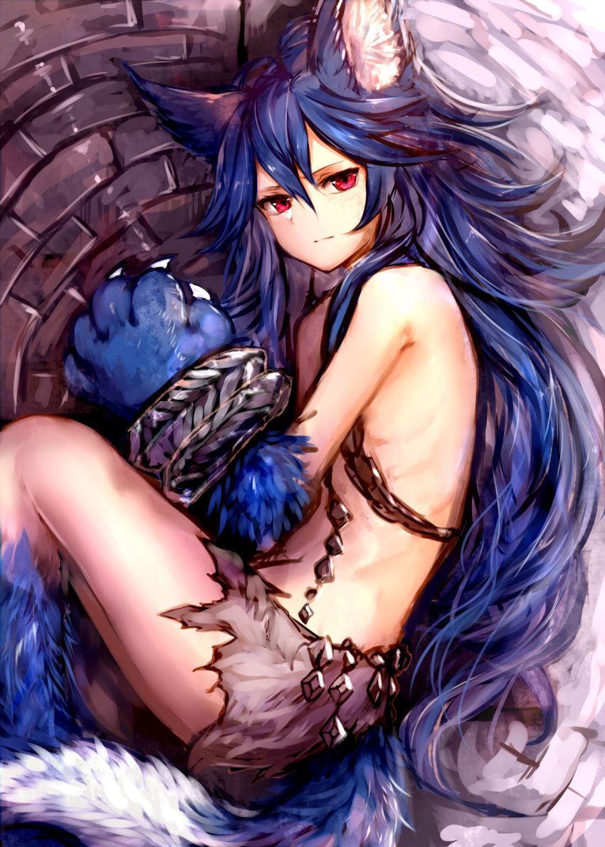 1girl animal_ears bare_shoulders blue_hair bound chains closed_mouth commentary_request fenrir_(shingeki_no_bahamut) granblue_fantasy hair_between_eyes highres long_hair looking_at_viewer lying on_side paws red_eyes solo sukemyon tail very_long_hair wolf_ears wolf_tail