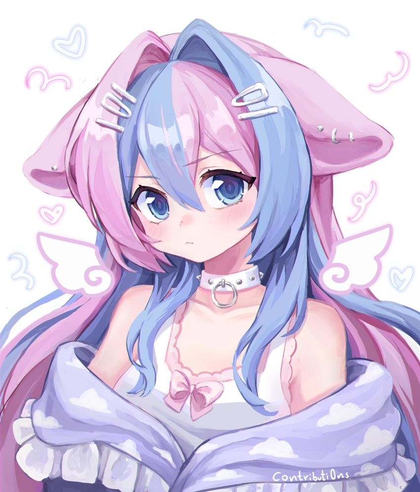 1girl animal_ears blue_eyes blue_hair blush bow collar collarbone contributi0ns hair_between_eyes highres long_hair looking_at_viewer multicolored_hair original painterly pink_hair signature solo spiked_collar spikes tank_top two-tone_hair upper_body very_long_hair white_tank_top