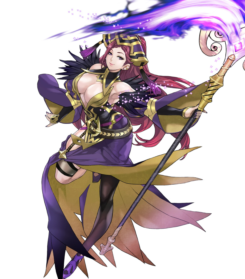 1girl breasts cleavage dress fire_emblem fire_emblem_heroes highres large_breasts loki_(fire_emblem_heroes) magic official_art solo staff transparent_background