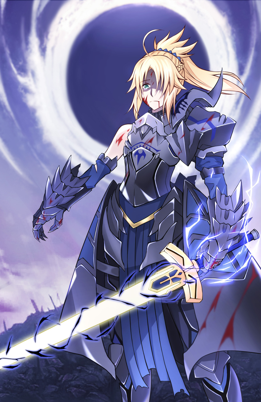 1girl 333_(artist) absurdres ahoge armor blonde_hair blood blood_from_mouth blood_on_face broken_armor excalibur fate/apocrypha fate/grand_order fate_(series) green_eyes hair_over_one_eye highres holding holding_sword holding_weapon mordred mordred_(fate) mordred_(fate)_(all) ponytail solo sword tagme tears weapon