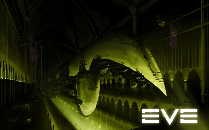 amarr_empire_(eve_online) apocalypse_(eve_online) artist_name battleship_(eve_online) coat_of_arms copyright_name dock eve_online floating glowing green_theme ground_vehicle hangar indoors krats logo machinery megastructure military military_vehicle no_humans photoshop_(medium) science_fiction spacecraft vehicle_focus