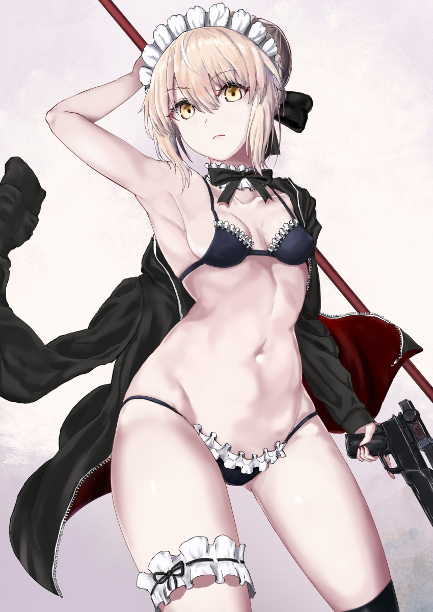 1girl absurdres artoria_pendragon_(all) artoria_pendragon_(swimsuit_rider_alter) black_bow black_bra black_jacket black_legwear black_panties black_ribbon blonde_hair bow bra breasts choker cleavage collarbone eyebrows_visible_through_hair fate/grand_order fate_(series) frilled_bra frilled_panties frills groin gun hair_between_eyes hair_bow highres holding holding_gun holding_weapon jacket jacket_removed looking_at_viewer maid_headdress navel neck_ribbon nozoyuki panties polearm ribbon short_hair_with_long_locks sideboob small_breasts solo thigh-highs thigh_strap underwear underwear_only unzipped weapon yellow_eyes