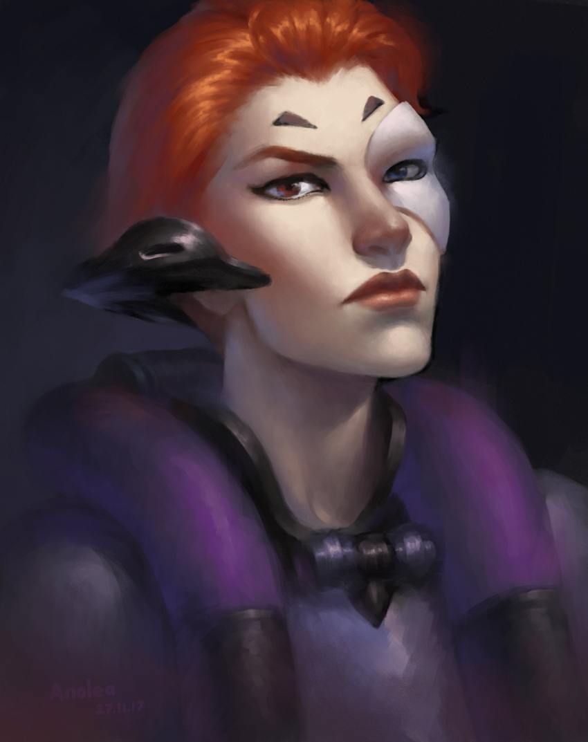 1girl absurdres anolea artist_name black_background blue_eyes breasts dark_background dated eyeliner gradient gradient_background heterochromia highres lips looking_at_viewer makeup medium_breasts moira_(overwatch) nose overwatch portrait purple_background red_eyes red_lips redhead short_hair signature solo