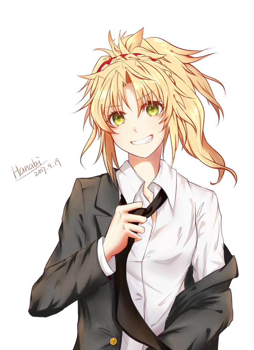 1girl 2017 artist_name black_jacket black_neckwear blonde_hair dated dress_shirt fate/apocrypha fate_(series) green_eyes grin hair_ornament head_tilt highres jacket long_hair mordred_(fate) mordred_(fate)_(all) necktie off_shoulder open_mouth ponytail qingmingyanhua shirt simple_background smile solo upper_body white_background white_shirt