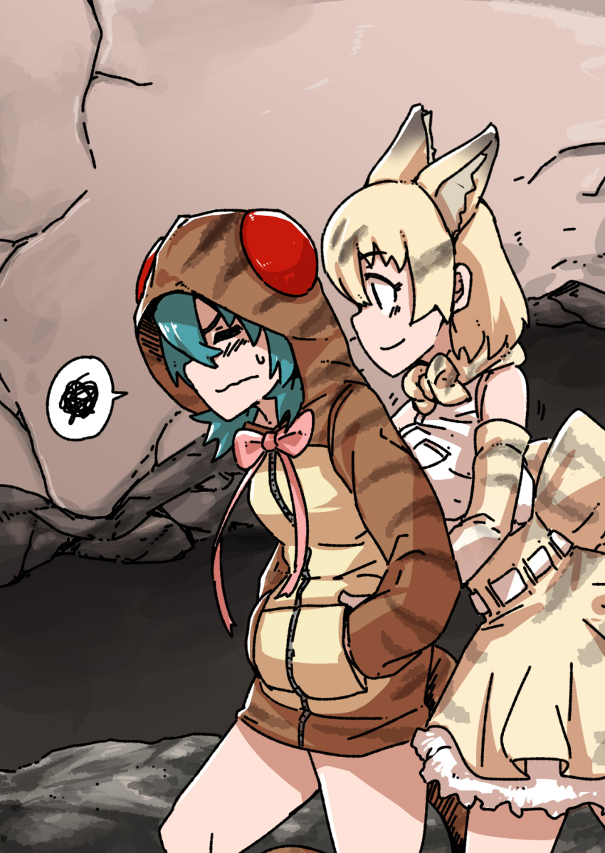2girls animal_ears bare_shoulders blonde_hair blush bow bowtie cat_ears cat_tail elbow_gloves eyebrows_visible_through_hair gloves hands_in_pockets highres kemono_friends multicolored_hair multiple_girls sand_cat_(kemono_friends) shirt short_hair skirt sleeveless snake_tail striped_hoodie striped_tail tail takoongyi tsuchinoko_(kemono_friends) yellow_eyes