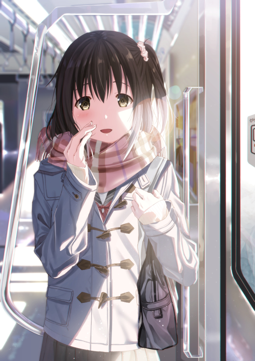 1girl :d bag bangs black_skirt blurry blurry_background blush bow brown_eyes brown_hair cowboy_shot day depth_of_field duffel_coat green_eyes grey_coat hair_ornament hair_scrunchie hands_up highres kukiha lens_flare long_sleeves one_side_up open_mouth original over_shoulder pink_scarf red_bow scarf school_bag school_uniform scrunchie skirt sleeves_past_wrists smile solo standing striped striped_scarf sunlight tareme train_interior
