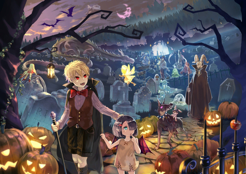 1boy 1girl black_hair blonde_hair blue_eyes blush brat eyebrows hair_over_one_eye highres jack-o'-lantern lantern looking_away night open_mouth original outdoors parted_lips pumpkin red_eyes skeleton smile tombstone tree