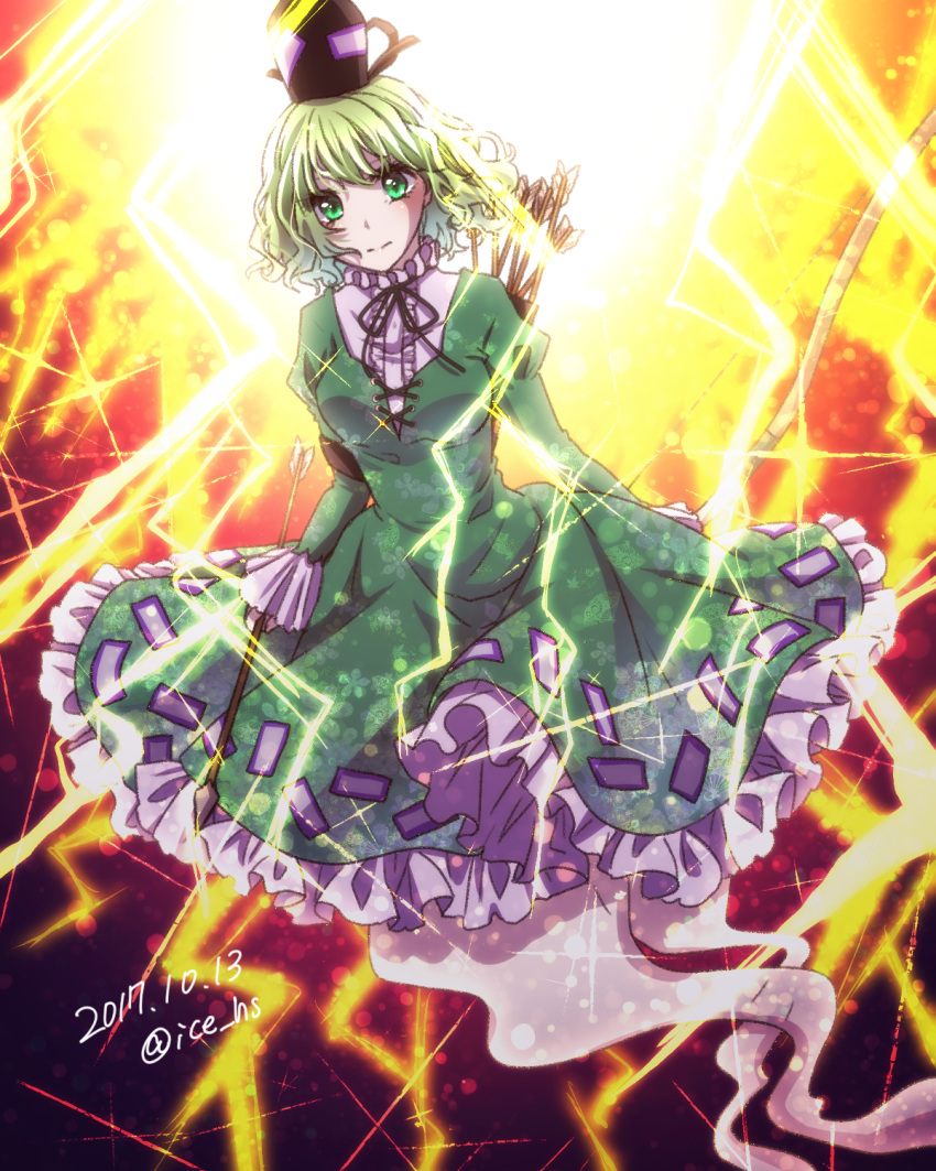 1girl bangs blush bow_(weapon) breasts dated dress expressionless floral_print frilled_dress frills full_body ghost_tail green_dress green_eyes green_hair hair_between_eyes highres holding holding_arrow holding_bow_(weapon) holding_weapon ice_(aitsugai) jpeg_artifacts juliet_sleeves layered_dress lightning long_sleeves looking_at_viewer medium_breasts puffy_sleeves quill ribbon short_hair soga_no_tojiko solo talismans thunder touhou twitter_username wavy_hair weapon