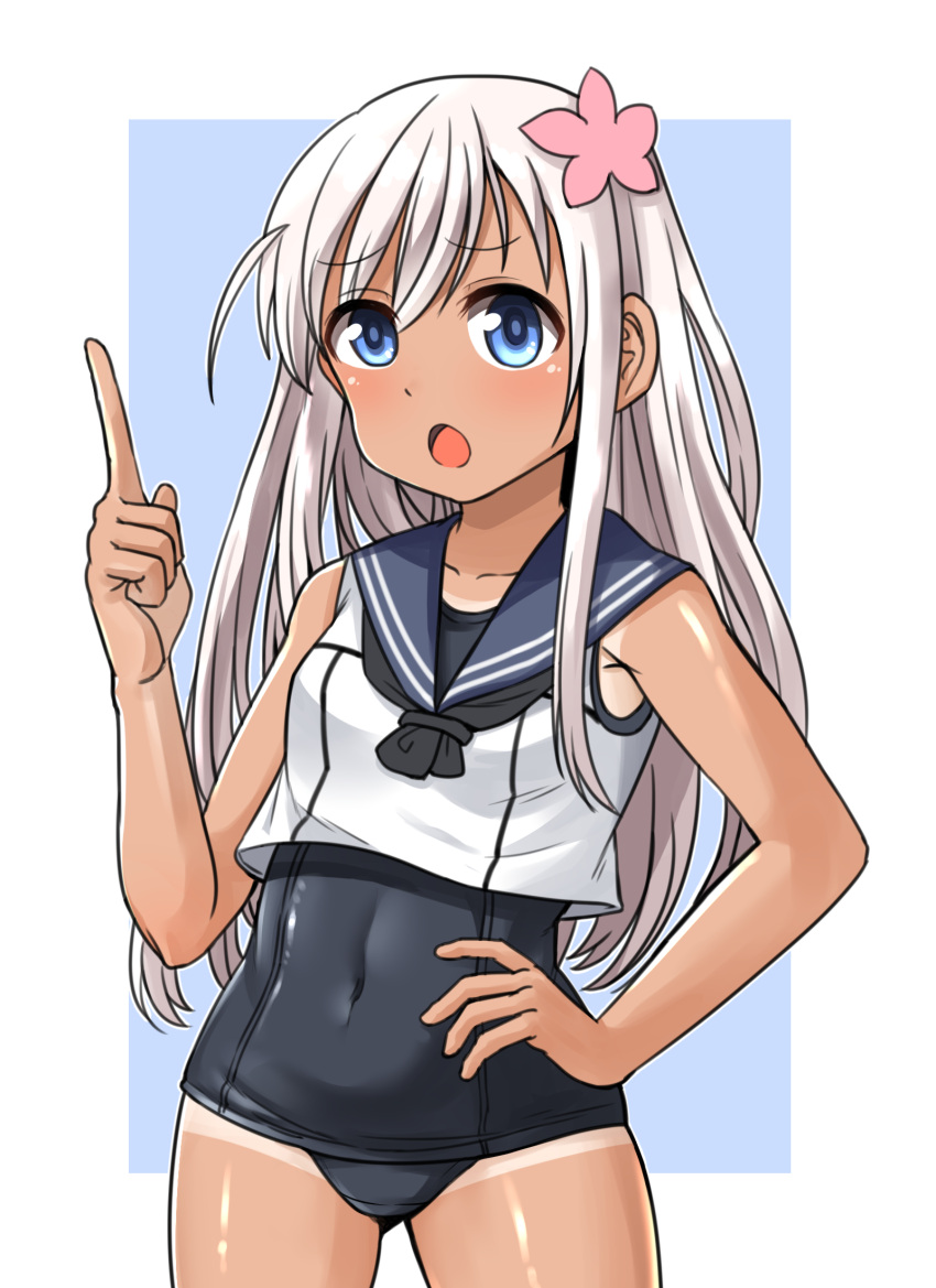 1girl blonde_hair blue_eyes blue_sailor_collar contrapposto cowboy_shot crop_top flower hair_flower hair_ornament hand_on_hip highres index_finger_raised kantai_collection long_hair one-piece_tan open_mouth ro-500_(kantai_collection) school_swimsuit solo swimsuit swimsuit_under_clothes tan tanline yong-gok