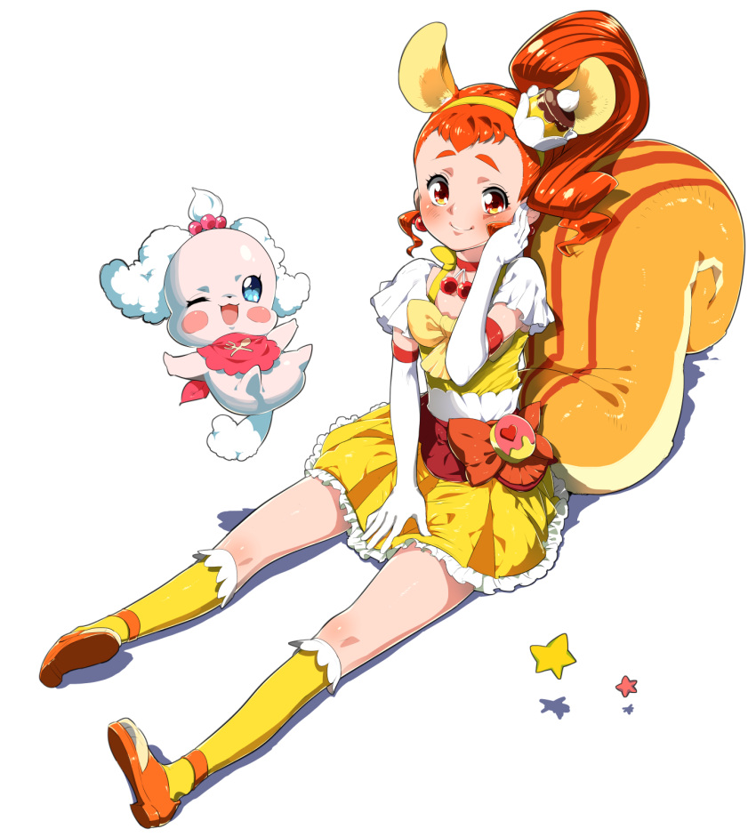 1girl animal_ears arisugawa_himari bow cake_hair_ornament choker creature cure_custard dress elbow_gloves extra_ears food_themed_hair_ornament gloves hair_ornament hairband highres kaeru0025 kirakira_precure_a_la_mode kneehighs magical_girl orange_bow orange_footwear orange_hair pekorin_(precure) ponytail precure red_neckwear shoes short_hair simple_background sitting squirrel_ears squirrel_tail star tail white_background white_gloves yellow_bow yellow_dress yellow_hairband