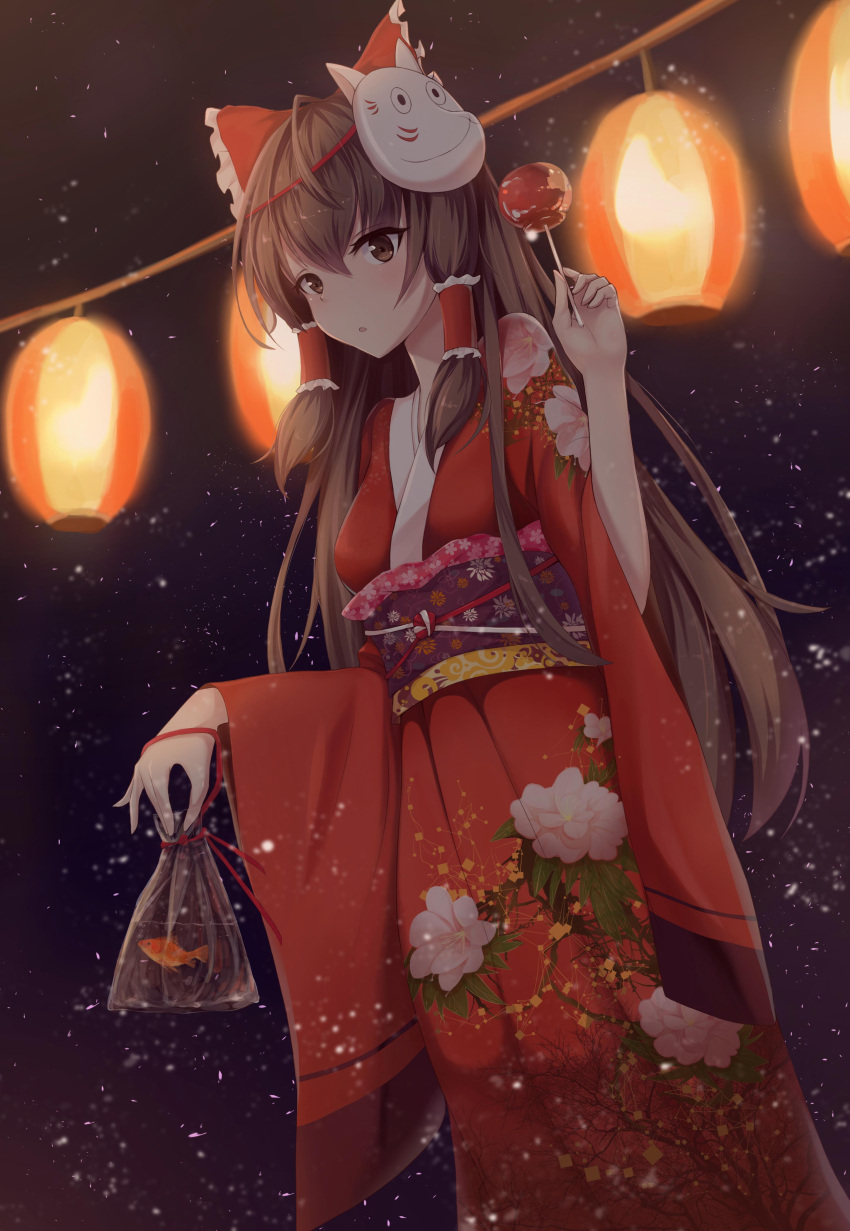 1girl absurdres bag bow brown_eyes brown_hair candy_apple commentary_request fish floral_print food goldfish hair_bow hair_tubes hakurei_reimu highres holding holding_food japanese_clothes kimono kuroneko_(hmilk) long_sleeves looking_at_viewer mask parted_lips plastic_bag red_bow solo touhou wide_sleeves