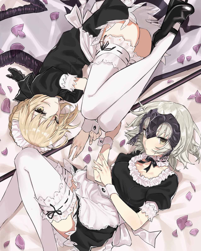 2girls apron artoria_pendragon_(all) artoria_pendragon_(swimsuit_rider_alter) ass blonde_hair blush breasts cleavage collarbone fate/grand_order fate_(series) headpiece highres jeanne_d'arc_(alter)_(fate) jeanne_d'arc_(fate)_(all) lying maid multiple_girls petals skirt teshima_nari thigh-highs white_legwear yellow_eyes