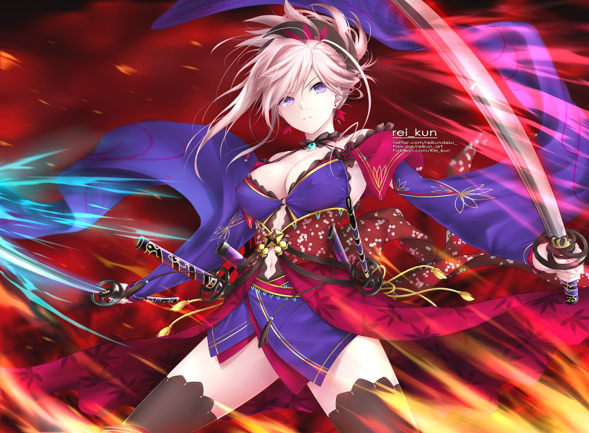1girl armpits artist_name bangs bare_shoulders black_legwear breasts center_opening cleavage closed_mouth cowboy_shot dual_wielding earrings fate/grand_order fate_(series) fighting_stance fire foreshortening highres holding holding_sword holding_weapon japanese_clothes jewelry katana kimono large_breasts light_particles long_sleeves looking_at_viewer magatama miyamoto_musashi_(fate/grand_order) o-ring obi pink_hair purple_kimono rei_kun sash short_hair short_kimono solo swept_bangs sword sword_behind_back tassel thigh-highs thighs unsheathed v-shaped_eyebrows violet_eyes weapon weapon_on_back wide_sleeves