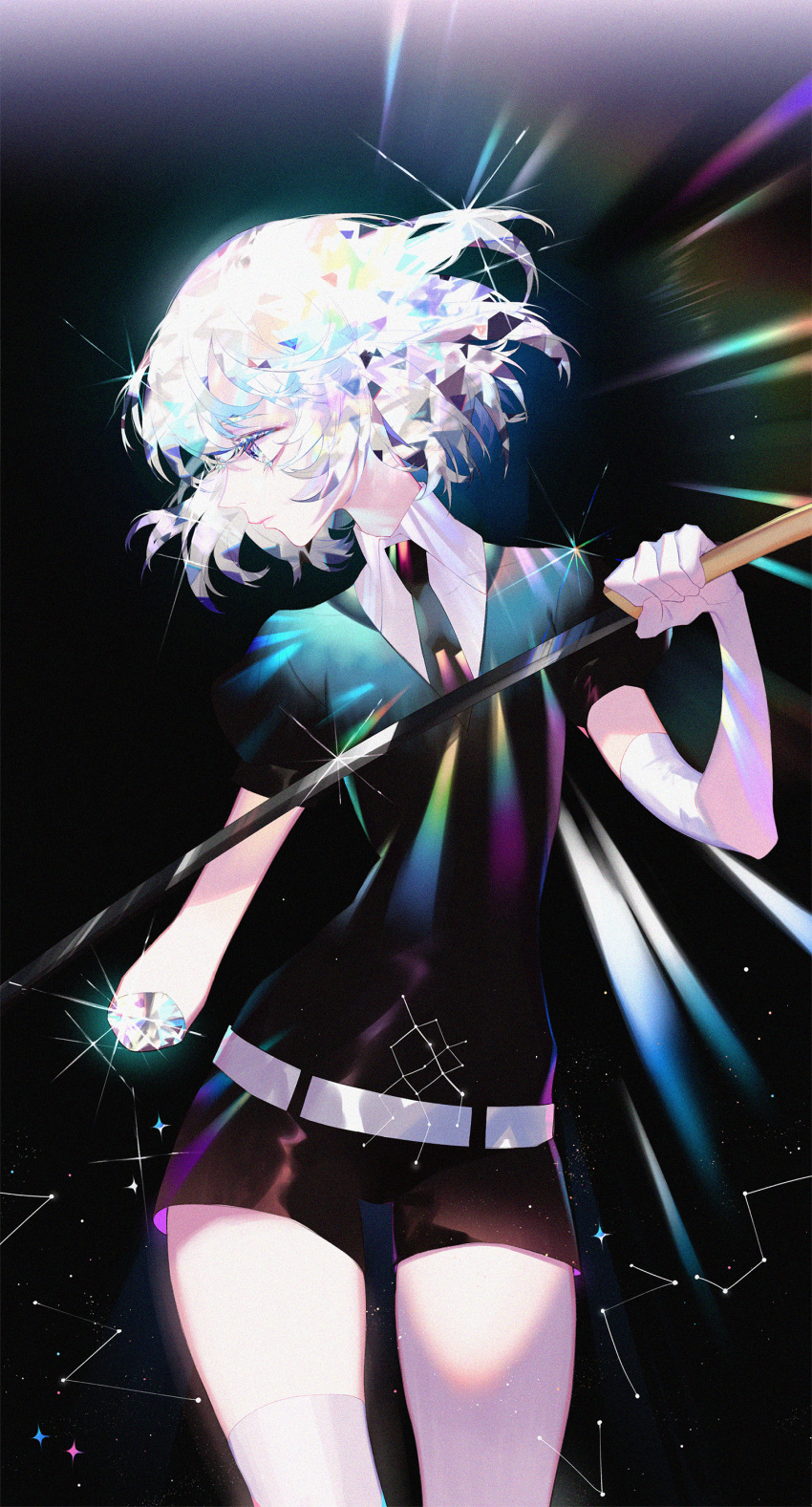 1other absurdres androgynous black_background blue_eyes diamond_(houseki_no_kuni) dj.adonis highres houseki_no_kuni looking_to_the_side necktie short_hair solo sword weapon