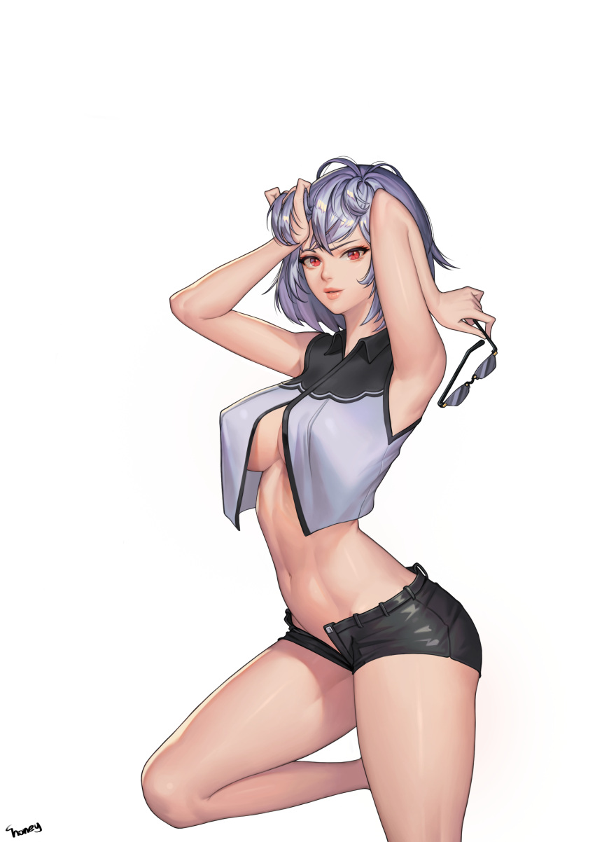 1girl absurdres arched_back armpits arms_up artist_name black_shorts breasts choney collared_vest cowboy_shot erect_nipples eyewear_removed girls_frontline highres holding_eyewear large_breasts leg_up lips looking_at_viewer navel no_bra open_fly parted_lips red_eyes shiny shiny_hair short_hair short_shorts shorts signature silver_hair simple_background smile solo standing standing_on_one_leg stomach sunglasses thighs thompson_submachine_gun_(girls_frontline) tsurime under_boob white_background wing_collar