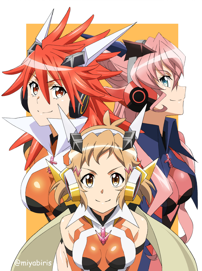 3girls amou_kanade bare_shoulders blue_eyes bodysuit breasts commentary_request hair_between_eyes hair_ornament hairclip headgear headphones highres large_breasts light_brown_hair long_hair looking_at_viewer maria_cadenzavna_eve medium_breasts miyabi_mt-b multiple_girls orange_eyes pink_hair red_eyes redhead senki_zesshou_symphogear shiny shiny_hair shiny_skin short_hair smile tachibana_hibiki_(symphogear)