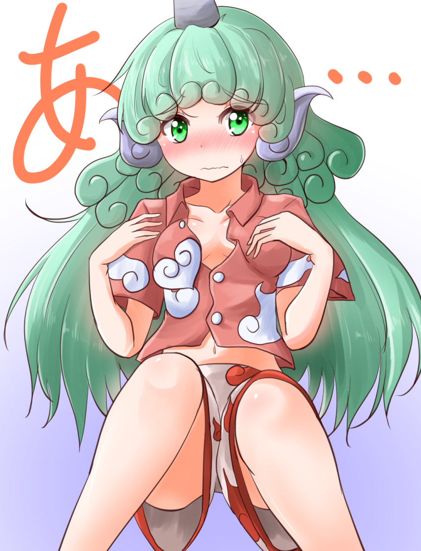 1girl animal_ears bangs blush breasts buttons closed_mouth collared_shirt commentary_request eyebrows_visible_through_hair gradient gradient_background green_eyes green_hair highres horn komano_aun long_hair looking_at_viewer midriff multicolored multicolored_background navel nose_blush oshiaki red_shirt shirt short_sleeves shorts small_breasts solo sweat touhou two-tone_background wavy_mouth