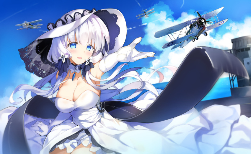 1girl aircraft airplane azur_lane blue_eyes breasts clouds cloudy_sky dress elbow_gloves gloves hat highres illustrious_(azur_lane) large_breasts long_hair looking_at_viewer low_twintails outstretched_arm rei_(rei's_room) sky smile solo thigh-highs twintails white_dress white_gloves white_hair