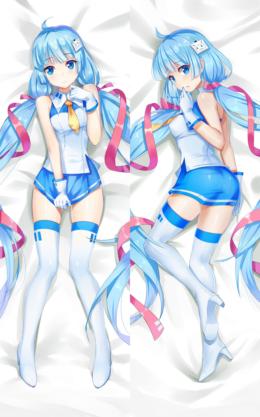 1girl absurdres ahoge ass bilibili_douga blue_eyes blue_hair blush breasts character_request dakimakura eyebrows_visible_through_hair hair_ornament high_heels highres long_hair looking_at_viewer lying medium_breasts on_back smile thigh-highs twintails white_background white_legwear xiao_yao_shi_da_yaoguai yellow_neckwear