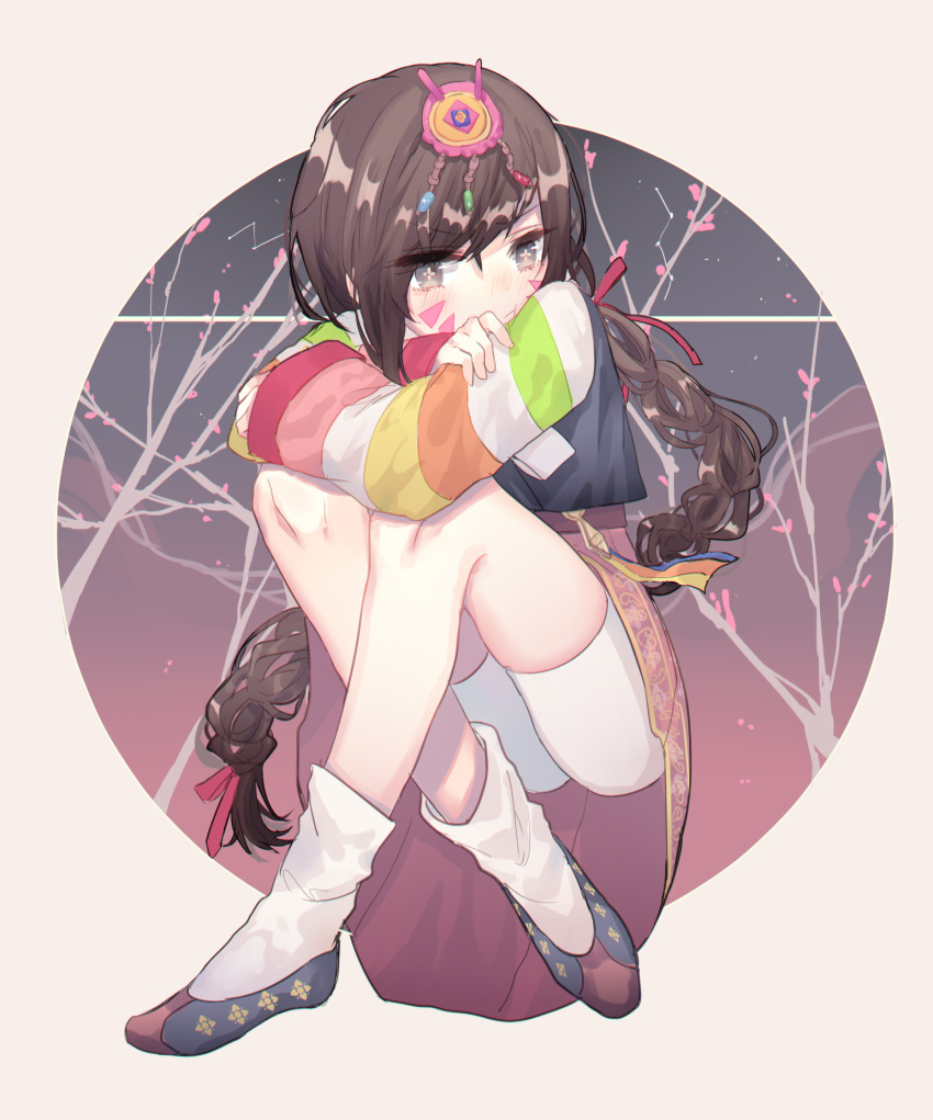 1girl :t alternate_costume alternate_hairstyle bangs blush braid brown_hair bunny_hair_ornament cherry_blossoms commentary_request crossed_ankles crossed_arms d.va_(overwatch) facepaint facial_mark grey_eyes hair_ornament highres korean_clothes long_hair long_sleeves looking_at_viewer overwatch palanquin_d.va pink_skirt pout raeee shorts sitting skirt solo striped_sleeves tagme v-shaped_eyebrows whisker_markings white_shorts