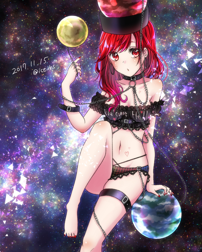 1girl adapted_costume alternate_hair_color asymmetrical_hair bad_feet bangs bare_shoulders belt blush breasts chains cleavage clothes_writing dated earrings earth_(ornament) gradient_hair hecatia_lapislazuli highres hips ice_(aitsugai) jewelry knee_up looking_at_viewer moon_(ornament) multicolored multicolored_clothes multicolored_hair multicolored_panties nail_polish navel panties parted_lips pink_hair plaid plaid_panties polos_crown print_panties red_eyes red_nails redhead shiny shiny_hair shiny_skin small_breasts solo space swept_bangs thigh_strap thighs toenails touhou twitter_username underwear underwear_only waist