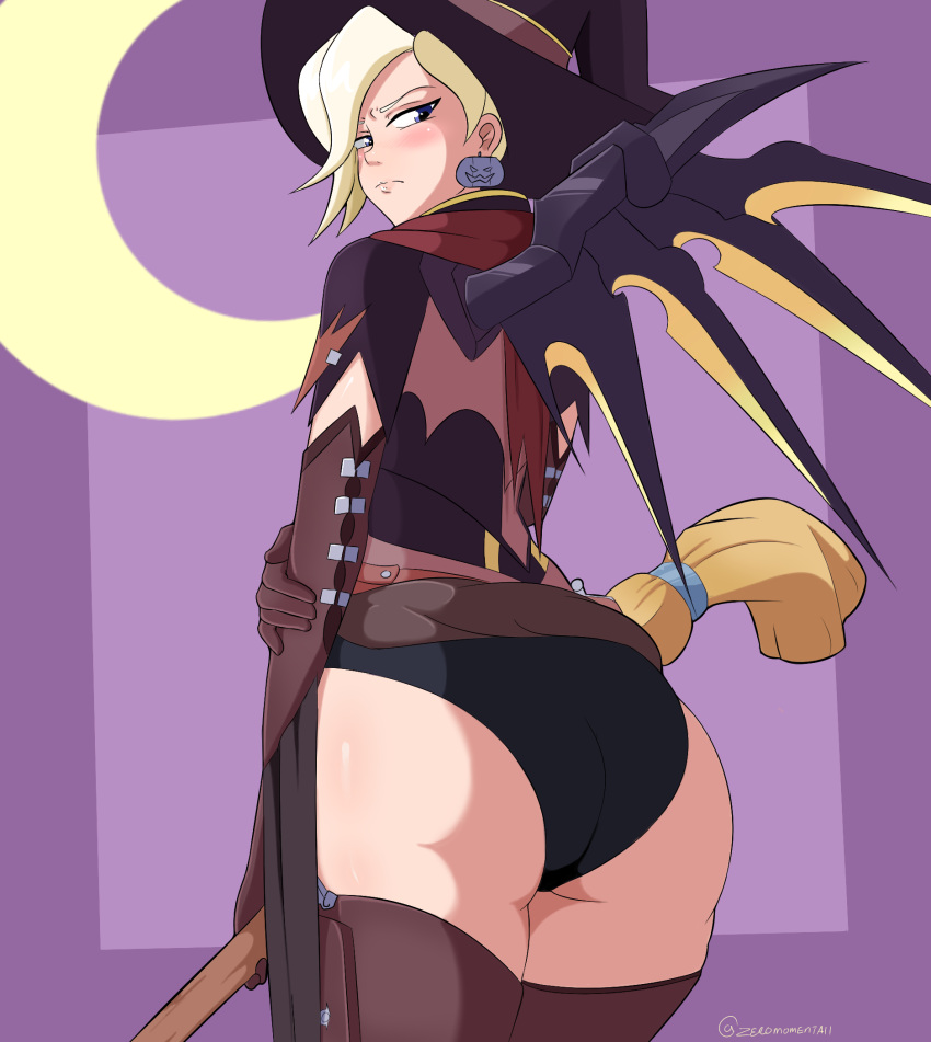 1girl alternate_costume ass black_panties blonde_hair blue_eyes blush bodice breasts broom brown_gloves brown_legwear capelet commentary cowboy_shot earrings elbow_gloves from_behind frown gloves halloween_costume hand_on_own_arm hat highres holding holding_broom jack-o'-lantern jack-o'-lantern_earrings jewelry looking_at_viewer looking_back mechanical_wings overwatch panties pelvic_curtain purple_background short_hair short_sleeves solo thigh-highs twitter_username underwear wings witch_hat witch_mercy zero_momentai