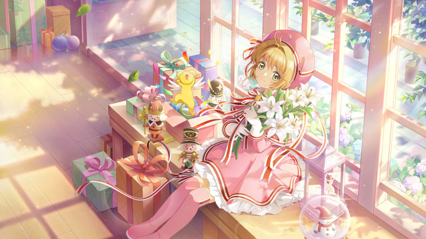 boots brown_hair cardcaptor_sakura child dress flower gift green_eyes hat highres holding holding_flower kero_(cardcaptor_sakura) kinomoto_sakura nutcracker official_art pink_dress snow_globe sunlight window