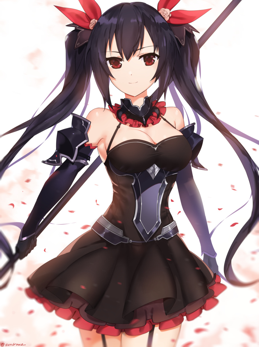 1girl absurdres bare_shoulders black_dress black_gloves black_hair breasts cleavage closed_mouth cowboy_shot dress elbow_gloves four_goddesses_online:_cyber_dimension_neptune garter_straps gloves hair_ribbon highres long_hair looking_at_viewer medium_breasts neptune_(series) noire petals red_eyes red_ribbon ribbon ribbon-trimmed_dress sendrawz smile solo twintails