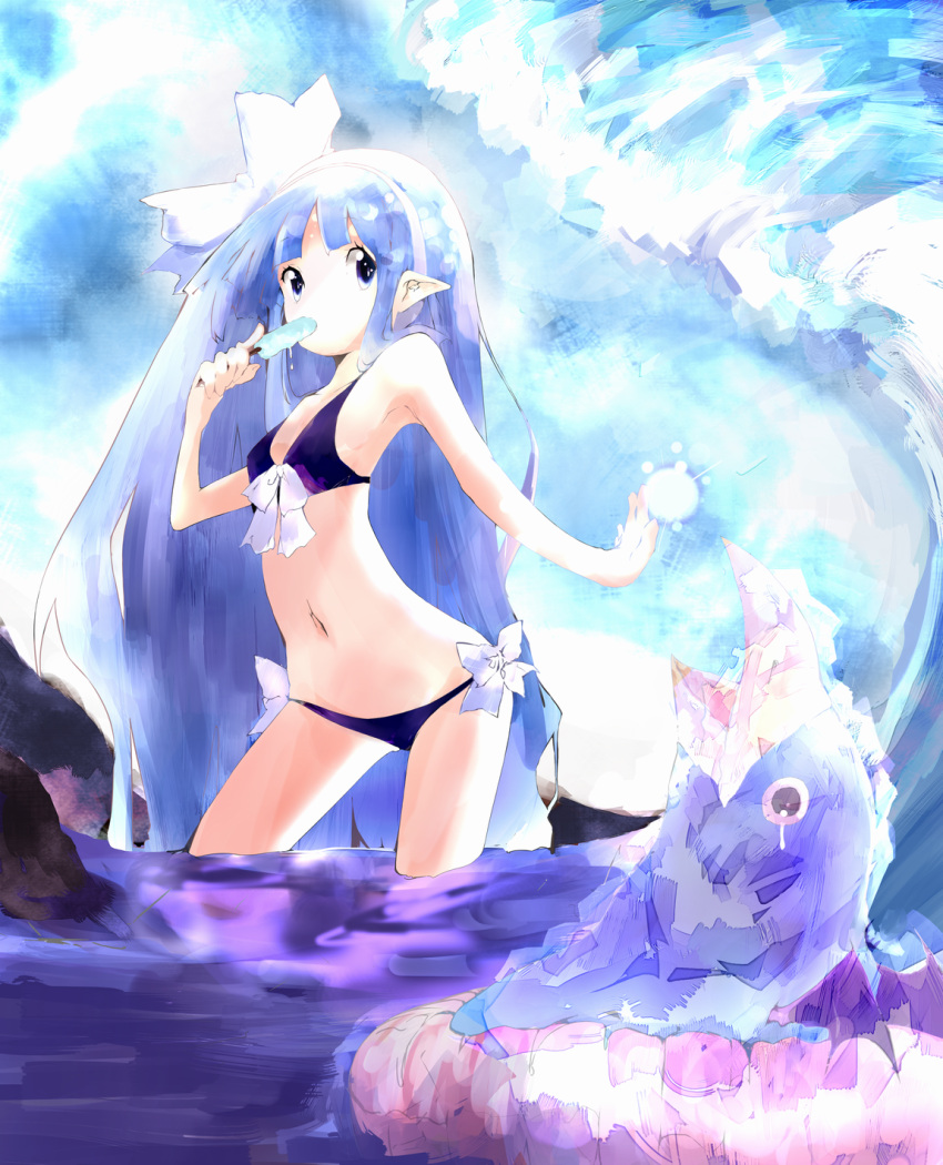 1girl blue_eyes blue_hair bow demon_wings disgaea dress eyebrows_visible_through_hair food hairband highres ice ice_cream long_hair mage_(disgaea) open_mouth pointy_ears prinny shado_ne swimsuit white_bow white_hairband wings