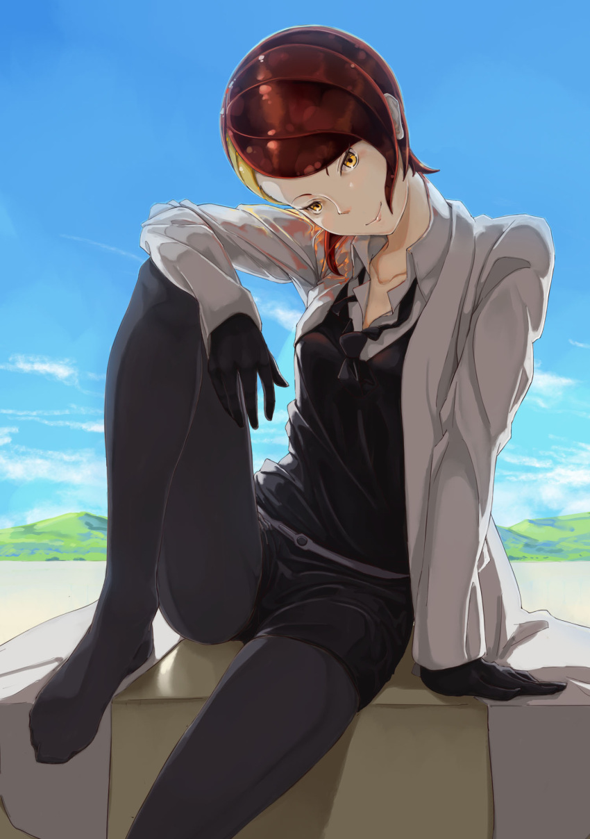 androgynous black_gloves black_legwear black_neckwear black_shorts blue_sky collared_shirt day gloves gsong-chan highres houseki_no_kuni labcoat looking_at_viewer multicolored_hair necktie open_clothes open_shirt pantyhose redhead rutile_(houseki_no_kuni) shirt short_hair shorts sitting sky smile two-tone_hair uniform yellow_eyes