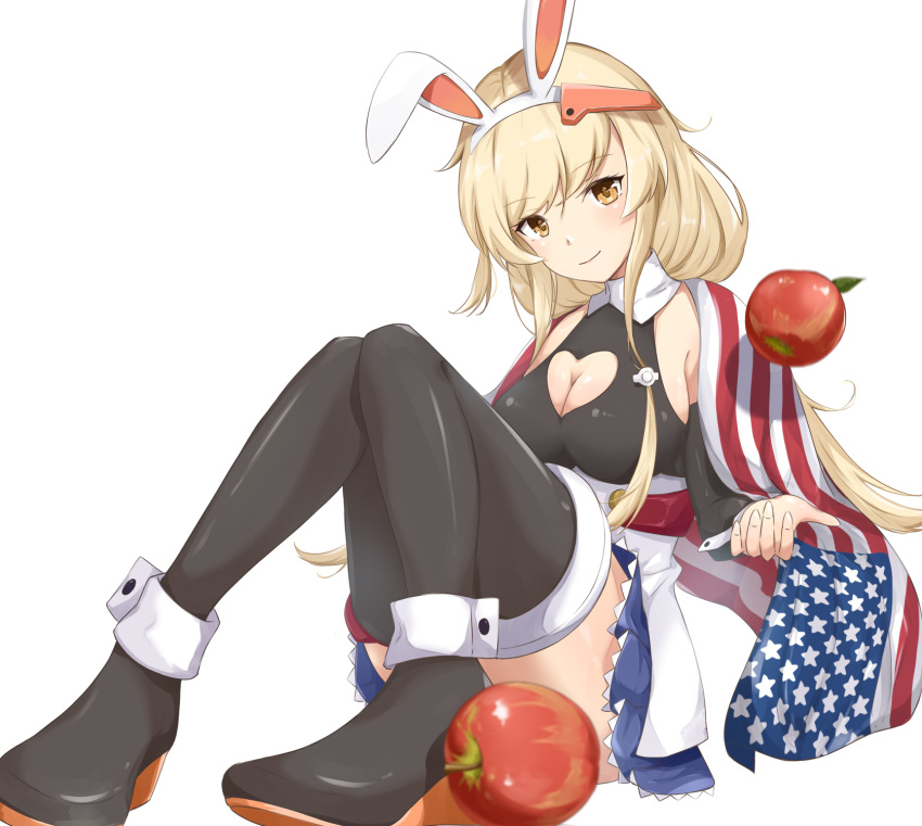 1girl american_flag animal_ears apple azur_lane benson_(azur_lane) black_legwear breasts brown_eyes cleavage cleavage_cutout commentary_request fake_animal_ears food fruit hairband highres hoshimiya_mashiro light_brown_hair long_hair looking_at_viewer simple_background sitting smile solo thigh-highs white_background zettai_ryouiki