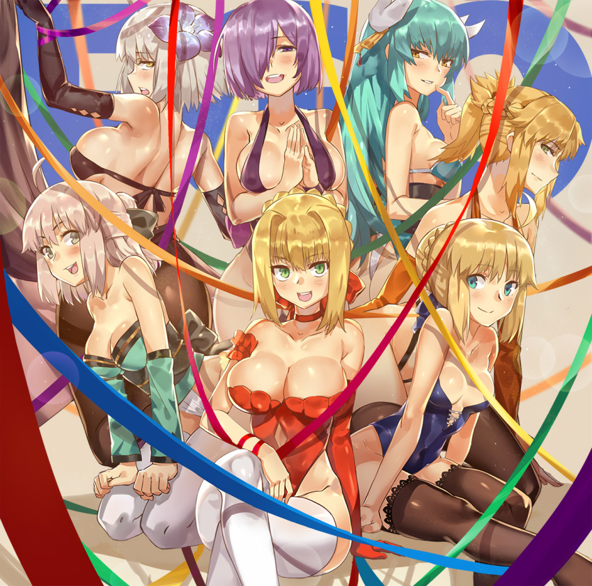 6+girls :d ahoge aqua_hair arm_garter arm_up arm_warmers artoria_pendragon_(all) black_gloves black_legwear blonde_hair blue_eyes blush braid breasts cleavage closed_mouth covered_navel detexted elbow_gloves fate/apocrypha fate/grand_order fate_(series) gloves green_eyes grey_legwear hair_between_eyes hair_bun hair_over_one_eye half_updo halterneck high_heels horns japanese_clothes jeanne_d'arc_(alter)_(fate) jeanne_d'arc_(fate)_(all) kiyohime_(fate/grand_order) kneeling lace lace-trimmed_thighhighs large_breasts leaning_forward legs_crossed leotard light_brown_hair looking_at_viewer mash_kyrielight medium_breasts mordred_(fate)_(all) multiple_girls nanaya_(daaijianglin) nero_claudius_(fate)_(all) okita_souji_(fate) one_side_up open_mouth own_hands_together pantyhose pantyhose_pull parted_lips ponytail profile purple_hair red_gloves ribbon sakura_saber sideboob single_elbow_glove sitting smile thigh-highs thighband_pantyhose underbust white_legwear wrist_ribbon wristband yellow_eyes