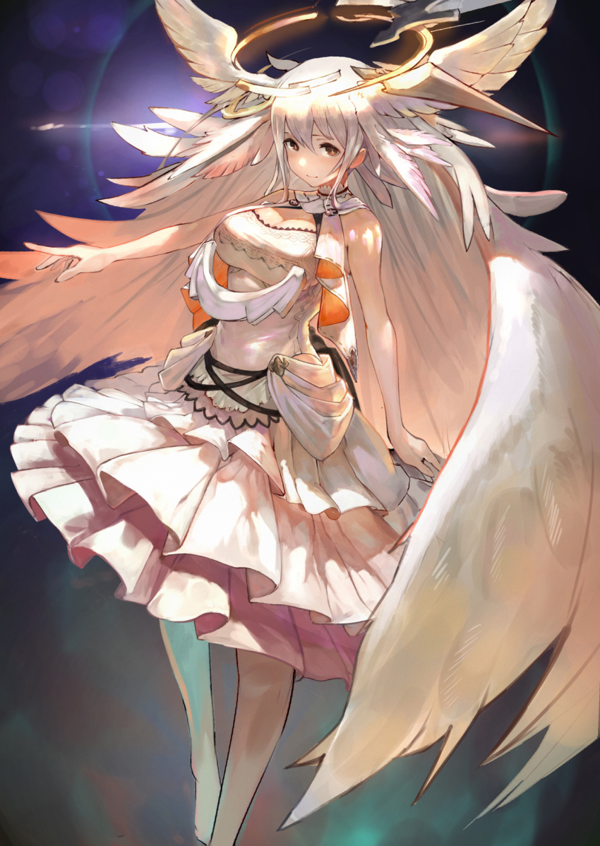 1girl angel angel_wings bangs bare_shoulders breasts brown_eyes cleavage cleavage_cutout commentary_request dress halo head_wings highres lard_(kumazakiyuta) large_breasts looking_at_viewer original simple_background sleeveless solo turtleneck white_dress white_hair wings