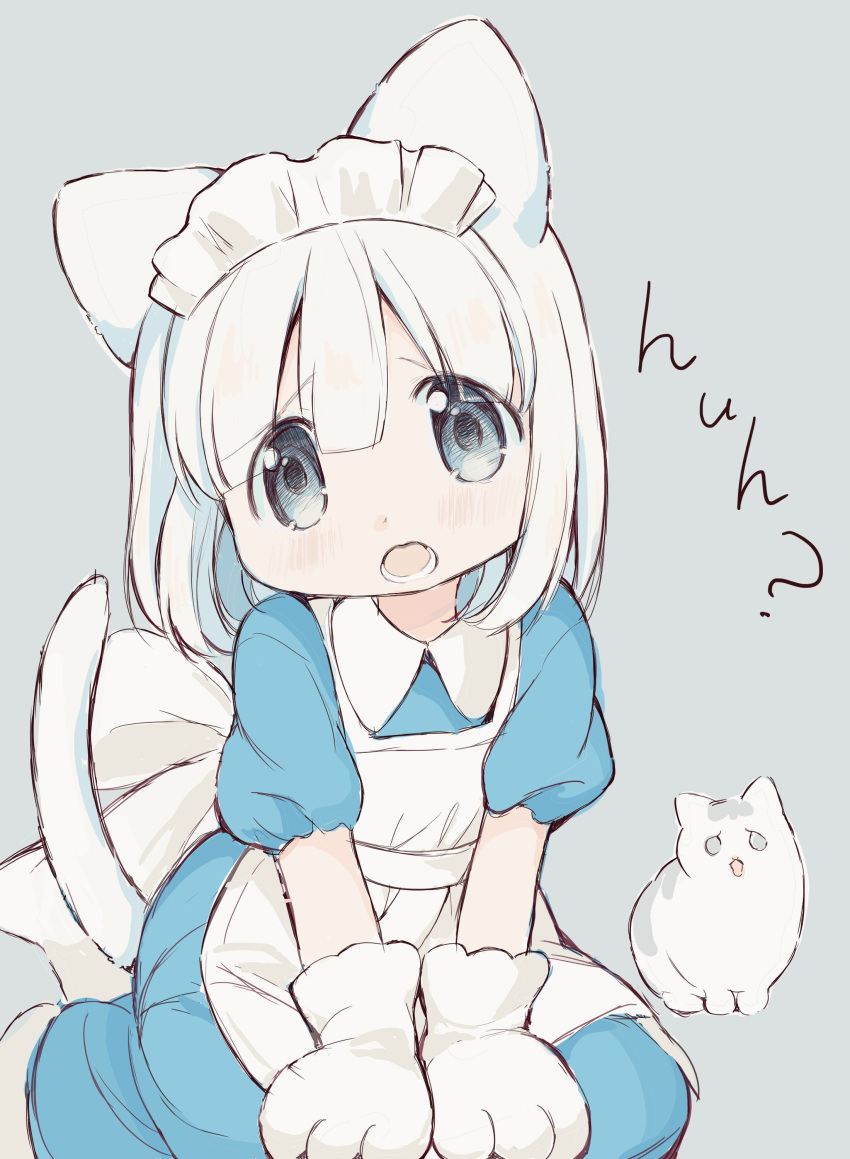 1girl absurdres animal_ears animal_hands apron back_bow blue_dress blue_eyes blue_hair bow cat cat_ears cat_girl cat_tail collared_dress dress furrowed_brow gloves head_tilt highres hitode light_blush looking_at_viewer lower_teeth_only maid_headdress medium_hair multicolored_hair open_mouth original paw_gloves puffy_short_sleeves puffy_sleeves short_sleeves sitting solo tail tareme teeth translation_request two-tone_hair white_apron white_bow white_gloves white_hair