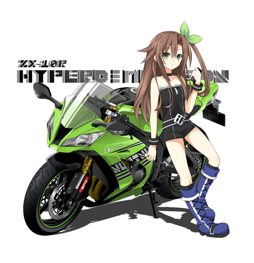 1girl bare_shoulders bow brown_hair green_eyes ground_vehicle hair_bow hair_ornament highres if_(choujigen_game_neptune) long_hair looking_at_viewer motor_vehicle motorcycle neptune_(series) ribbon solo vehicle