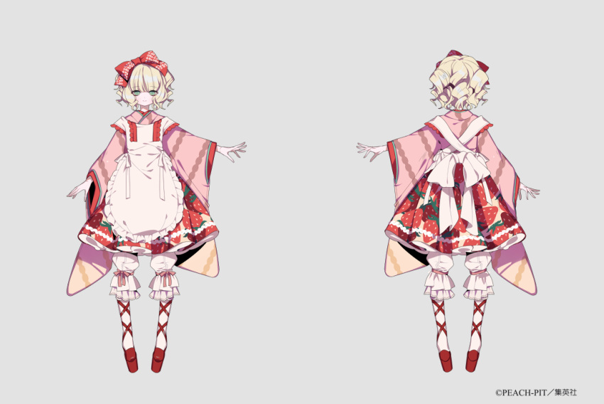 1girl apron blonde_hair blush bow closed_mouth eyebrows_visible_through_hair food_print frilled_apron frills full_body green_eyes grey_background hair_bow hina_ichigo japanese_clothes kimono long_sleeves looking_at_viewer multiple_views outstretched_arm platform_footwear red_bow red_footwear rozen_maiden shikimi_(yurakuru) short_hair simple_background skirt smile standing strawberry_print watermark white_apron white_legwear wide_sleeves